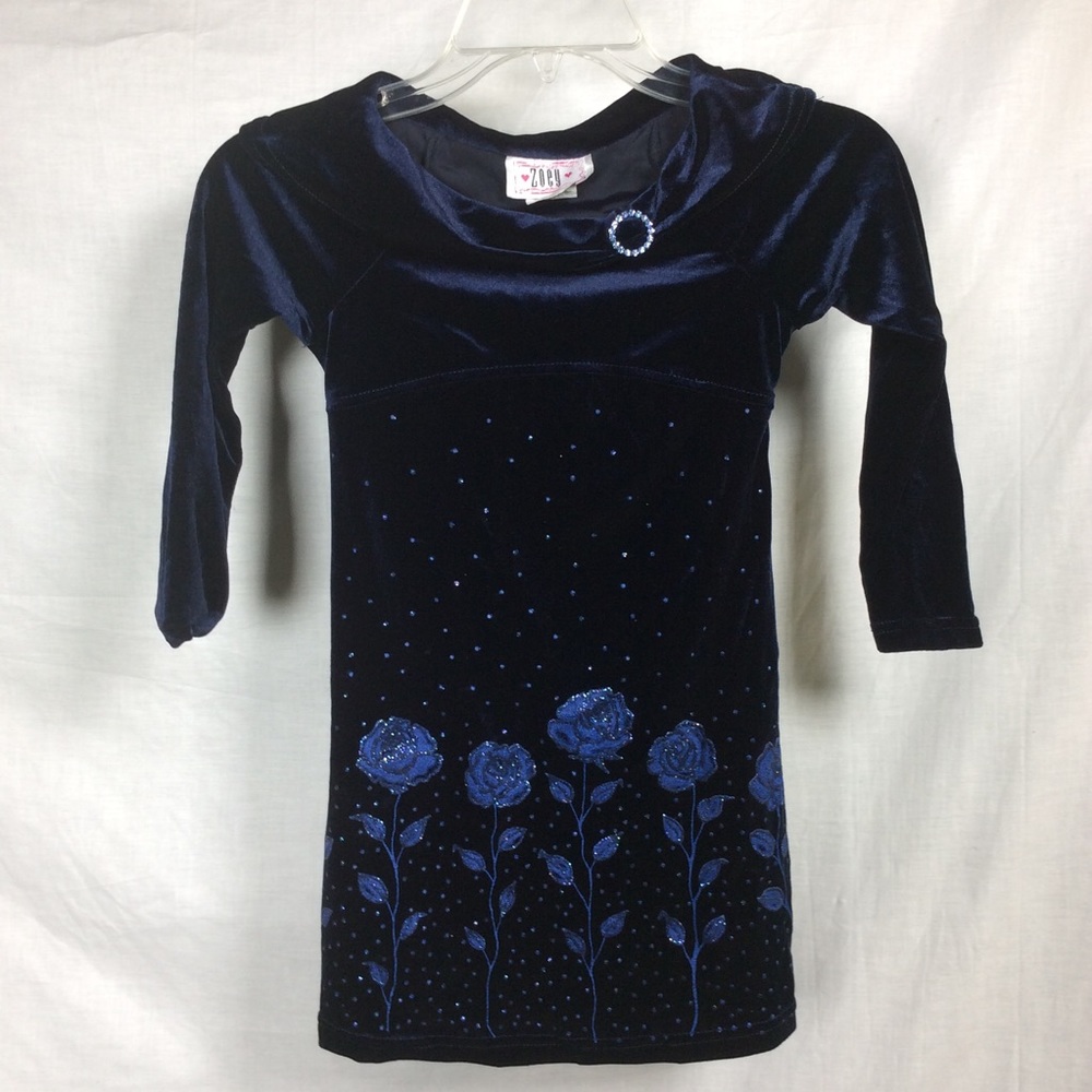 Zoey Girls Navy Blue Velvet Glitter Floral Dress